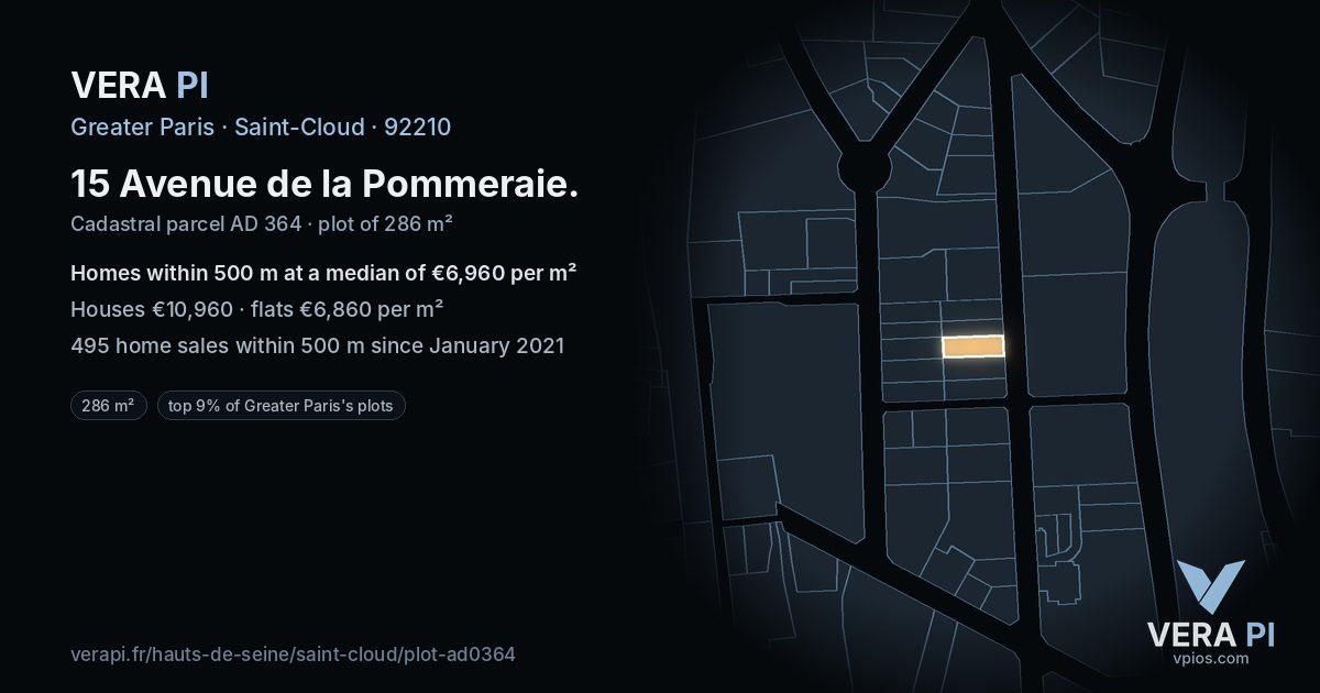 15 Avenue de la Pommeraie, Saint-Cloud at night – the plot lit, the parcels around coloured by the prices near them