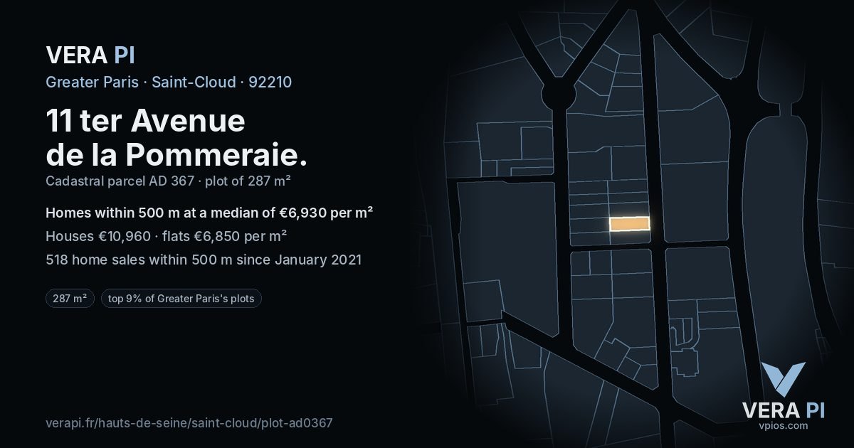 11 ter Avenue de la Pommeraie, Saint-Cloud at night – the plot lit, the parcels around coloured by the prices near them