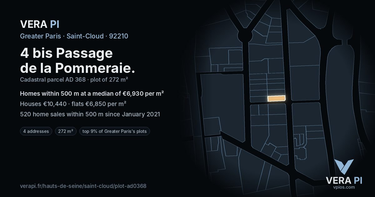 4 bis Passage de la Pommeraie, Saint-Cloud at night – the plot lit, the parcels around coloured by the prices near them