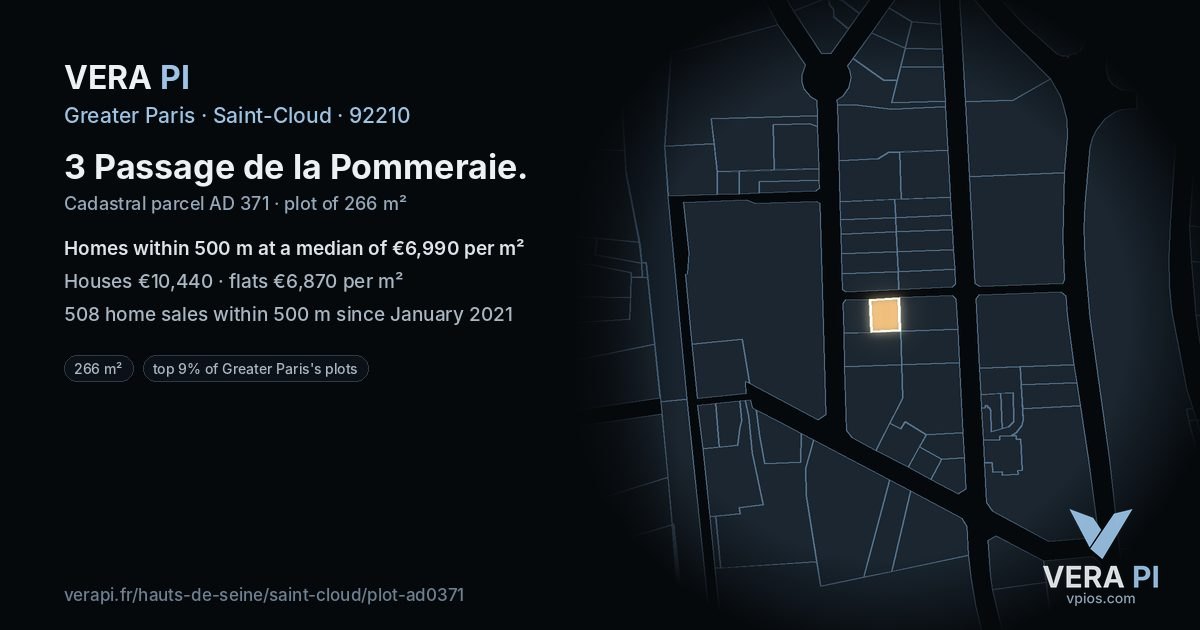 3 Passage de la Pommeraie, Saint-Cloud at night – the plot lit, the parcels around coloured by the prices near them