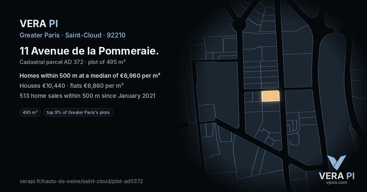 11 Avenue de la Pommeraie, Saint-Cloud at night – the plot lit, the parcels around coloured by the prices near them