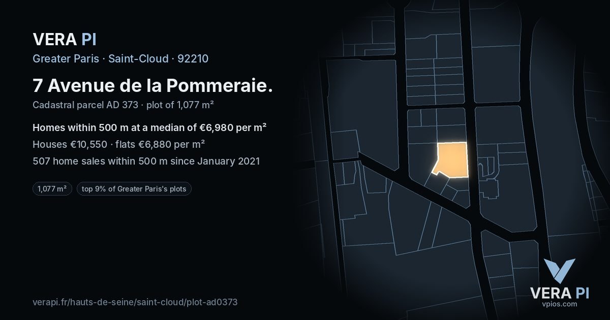 7 Avenue de la Pommeraie, Saint-Cloud at night – the plot lit, the parcels around coloured by the prices near them