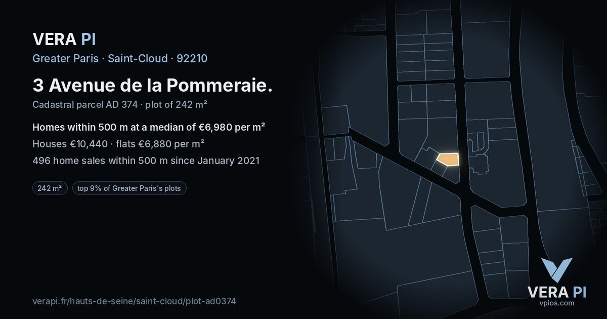 3 Avenue de la Pommeraie, Saint-Cloud at night – the plot lit, the parcels around coloured by the prices near them