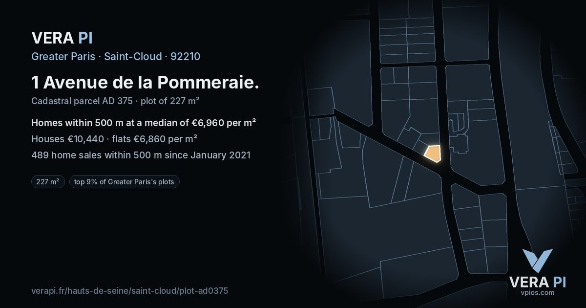 1 Avenue de la Pommeraie, Saint-Cloud at night – the plot lit, the parcels around coloured by the prices near them