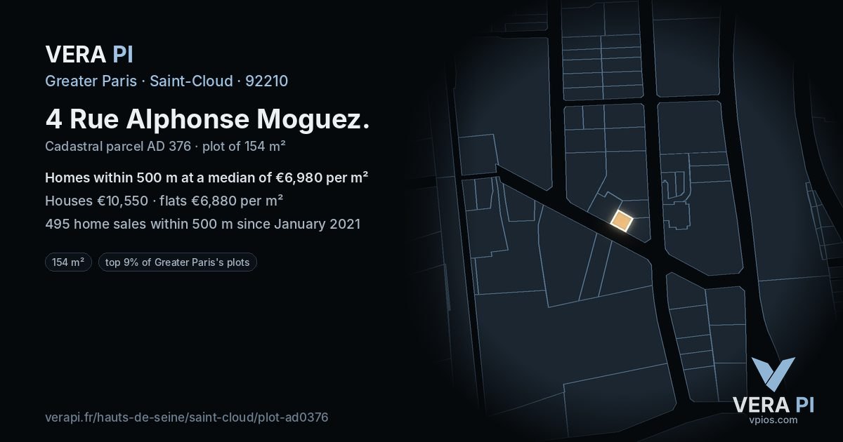 4 Rue Alphonse Moguez, Saint-Cloud at night – the plot lit, the parcels around coloured by the prices near them