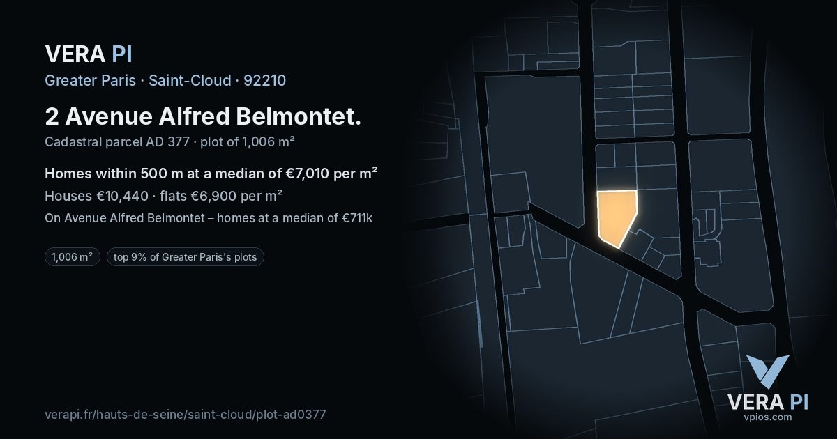 2 Avenue Alfred Belmontet, Saint-Cloud at night – the plot lit, the parcels around coloured by the prices near them
