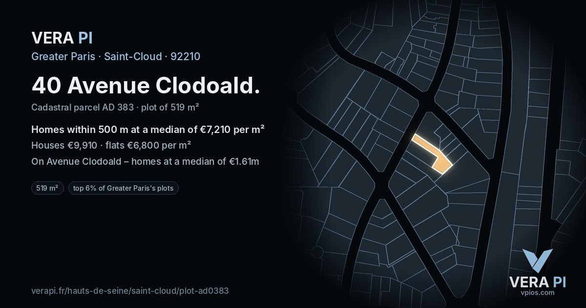 40 Avenue Clodoald, Saint-Cloud at night – the plot lit, the parcels around coloured by the prices near them