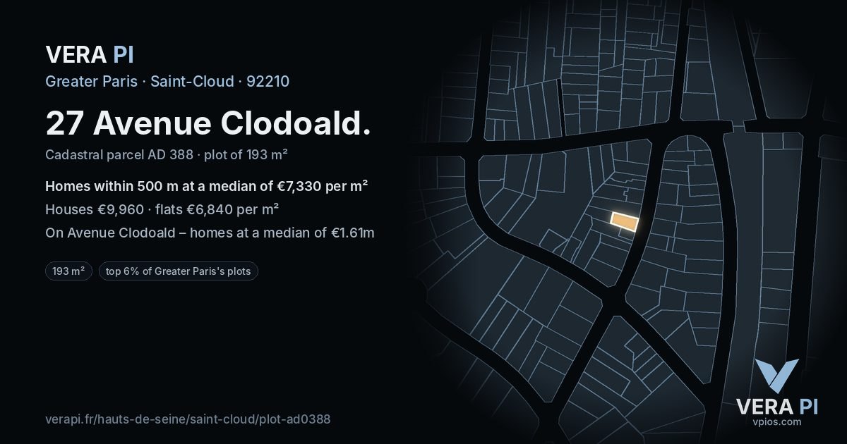 27 Avenue Clodoald, Saint-Cloud at night – the plot lit, the parcels around coloured by the prices near them