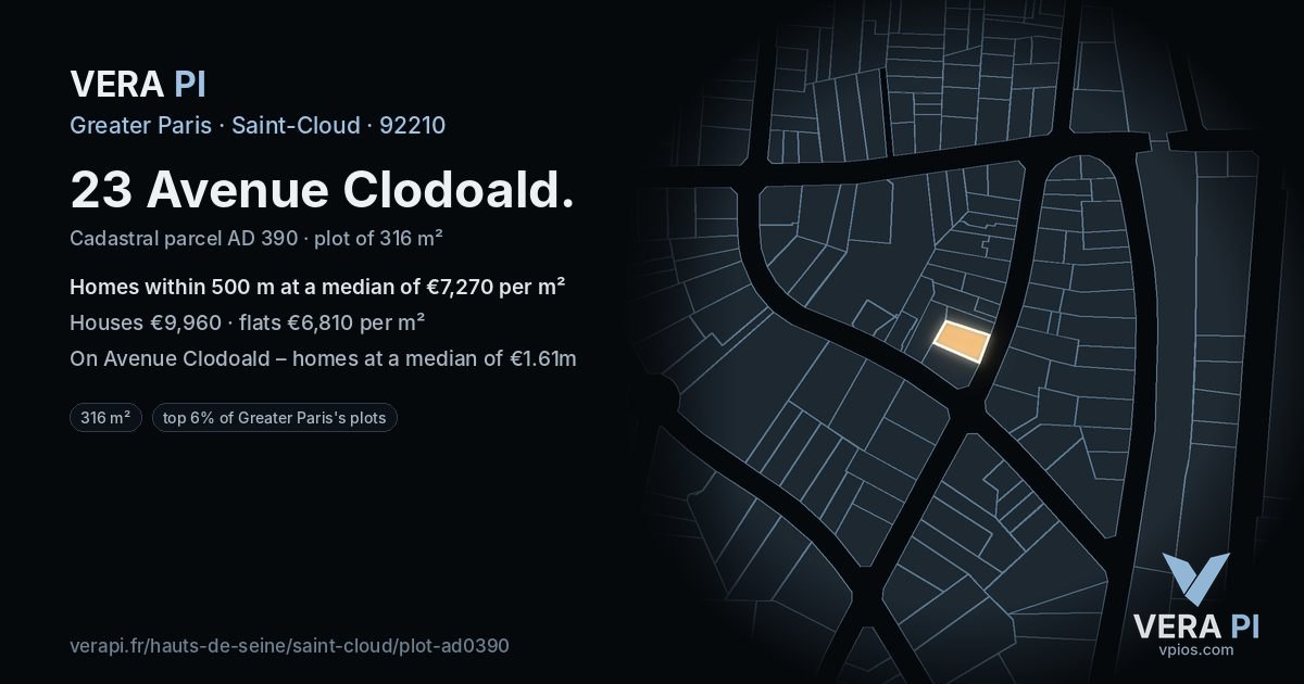 23 Avenue Clodoald, Saint-Cloud at night – the plot lit, the parcels around coloured by the prices near them
