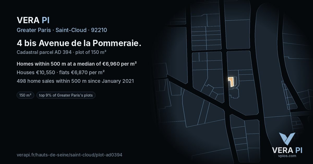 4 bis Avenue de la Pommeraie, Saint-Cloud at night – the plot lit, the parcels around coloured by the prices near them
