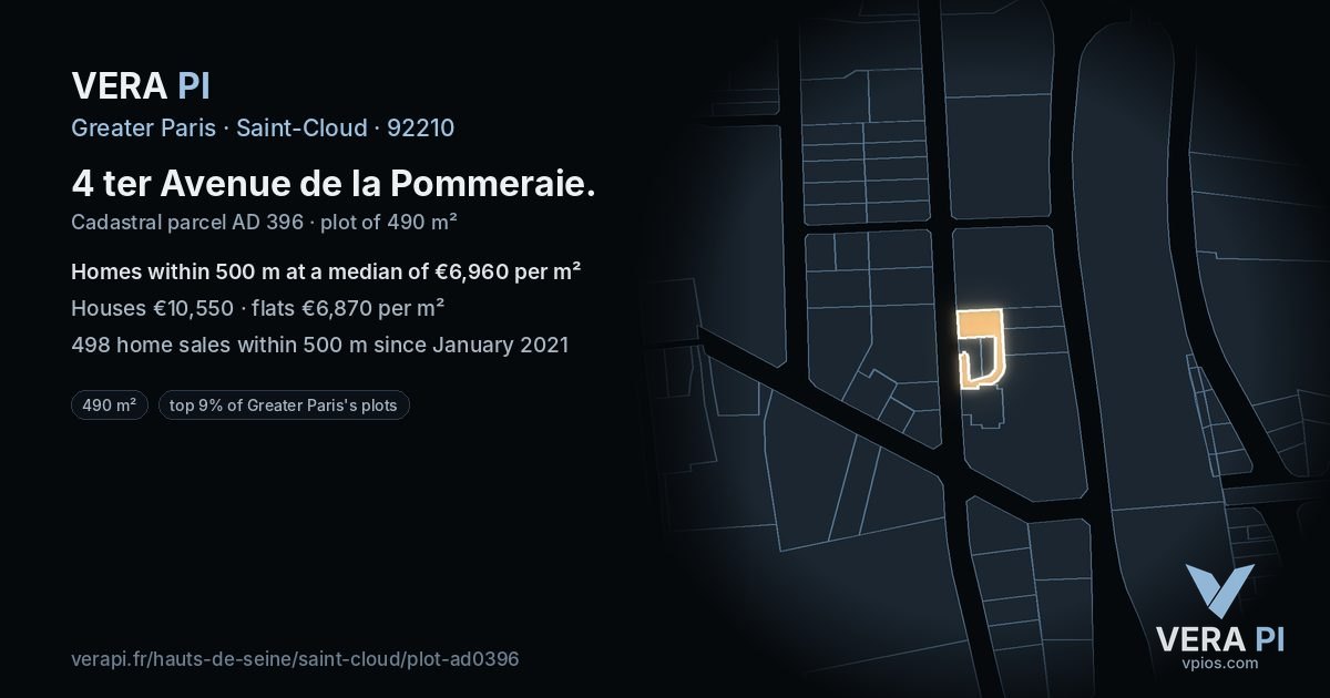 4 ter Avenue de la Pommeraie, Saint-Cloud at night – the plot lit, the parcels around coloured by the prices near them