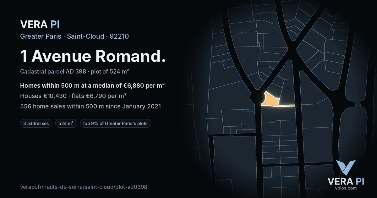 1 Avenue Romand, Saint-Cloud at night – the plot lit, the parcels around coloured by the prices near them