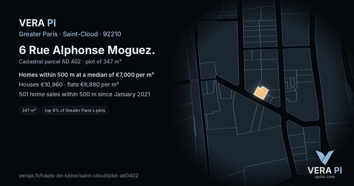 6 Rue Alphonse Moguez, Saint-Cloud at night – the plot lit, the parcels around coloured by the prices near them