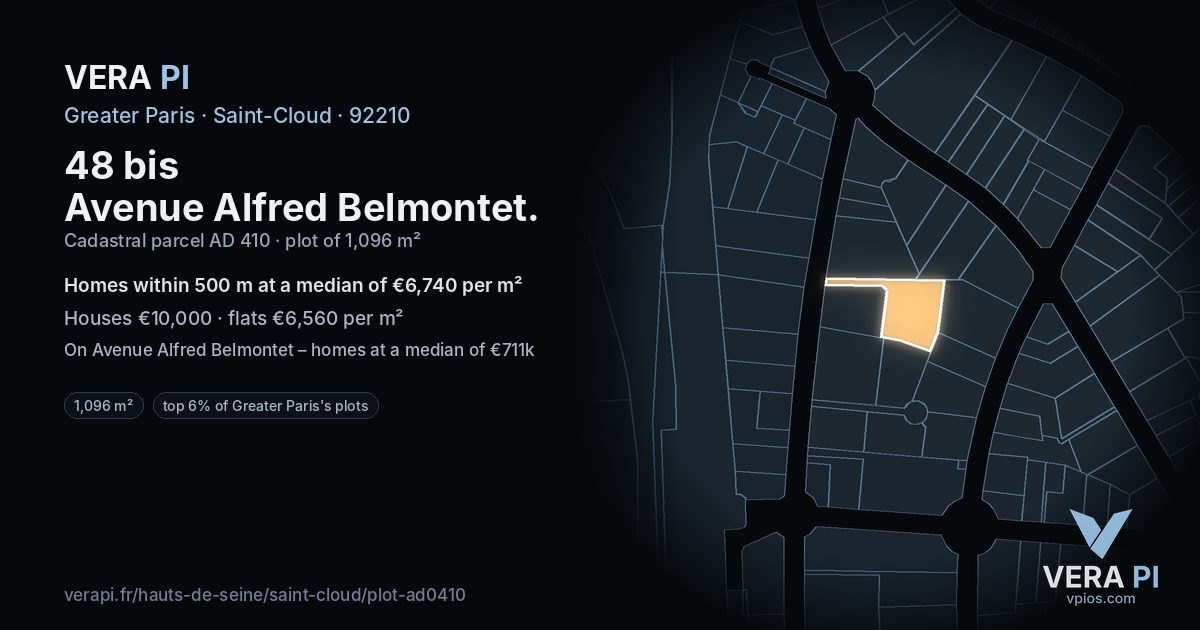 48 bis Avenue Alfred Belmontet, Saint-Cloud at night – the plot lit, the parcels around coloured by the prices near them