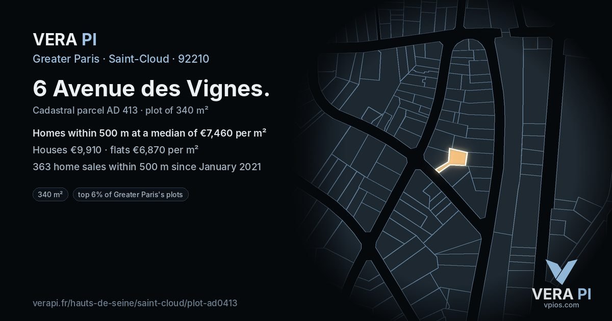 6 Avenue des Vignes, Saint-Cloud at night – the plot lit, the parcels around coloured by the prices near them