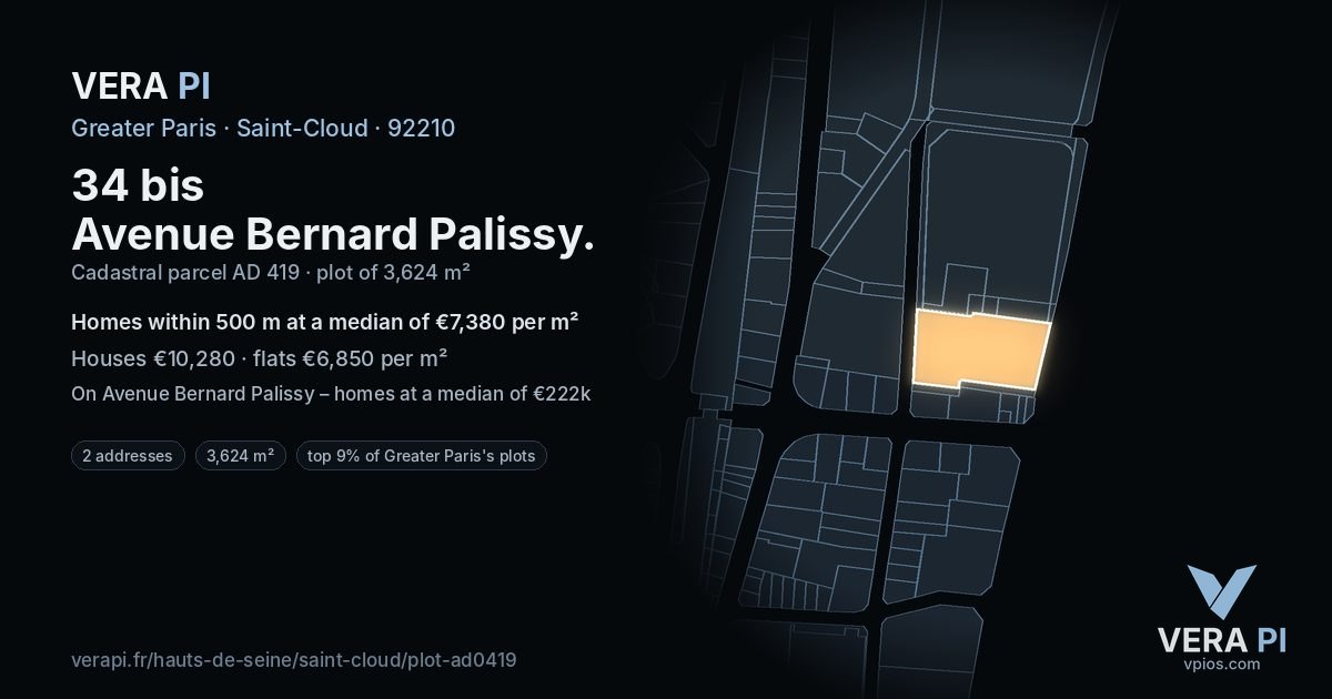 34 bis Avenue Bernard Palissy, Saint-Cloud at night – the plot lit, the parcels around coloured by the prices near them