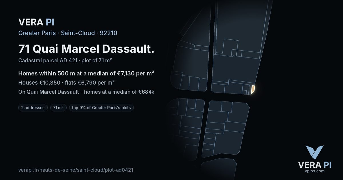 71 Quai Marcel Dassault, Saint-Cloud at night – the plot lit, the parcels around coloured by the prices near them