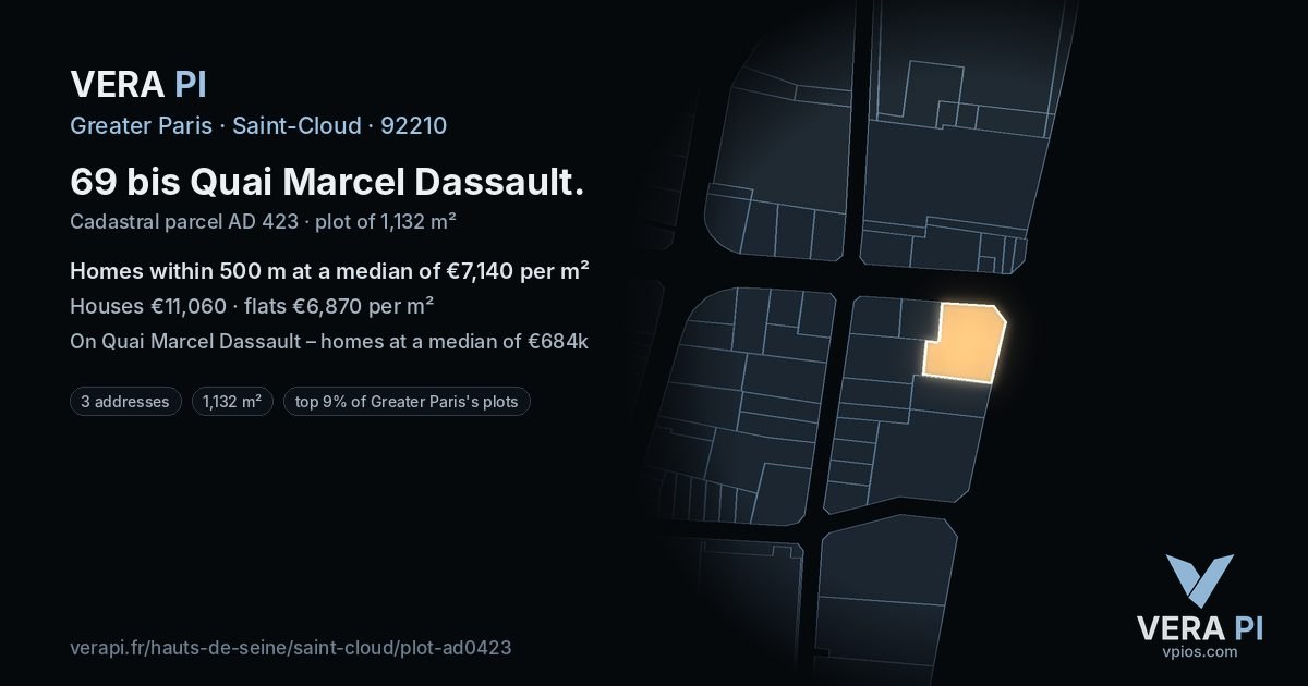 69 bis Quai Marcel Dassault, Saint-Cloud at night – the plot lit, the parcels around coloured by the prices near them