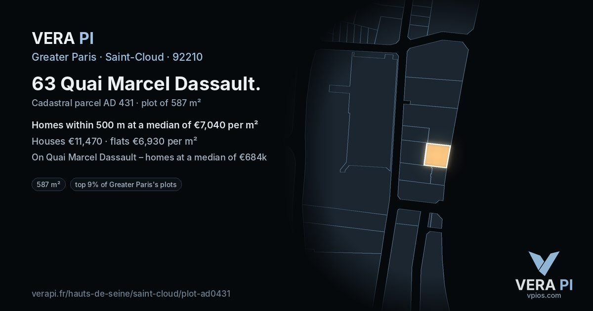 63 Quai Marcel Dassault, Saint-Cloud at night – the plot lit, the parcels around coloured by the prices near them