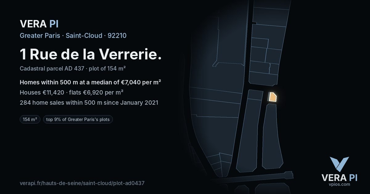 1 Rue de la Verrerie, Saint-Cloud at night – the plot lit, the parcels around coloured by the prices near them
