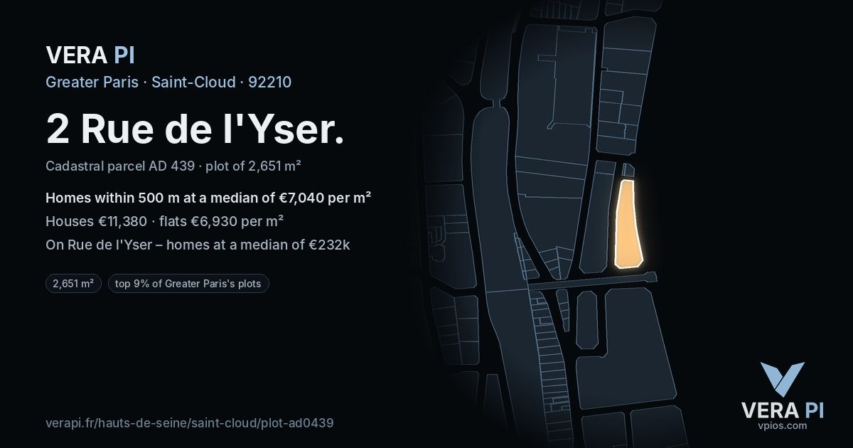 2 Rue de l'Yser, Saint-Cloud at night – the plot lit, the parcels around coloured by the prices near them