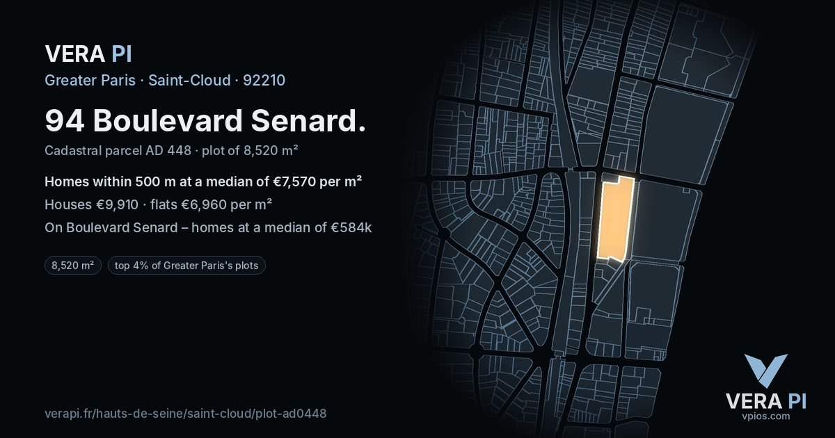 94 Boulevard Senard, Saint-Cloud at night – the plot lit, the parcels around coloured by the prices near them