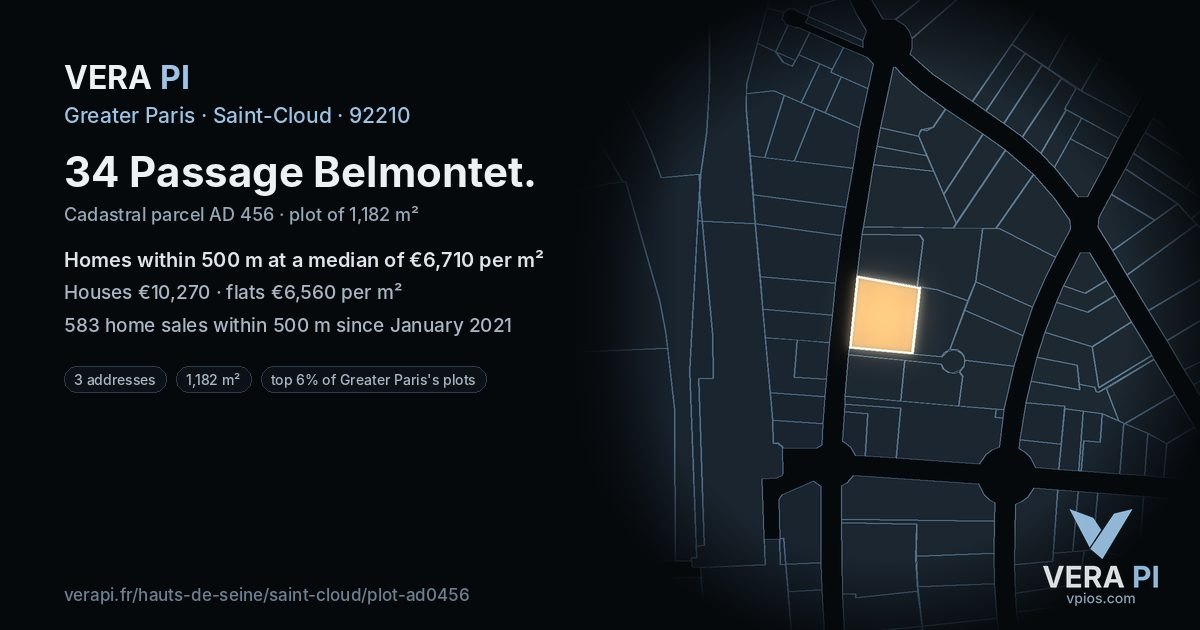 34 Passage Belmontet, Saint-Cloud at night – the plot lit, the parcels around coloured by the prices near them