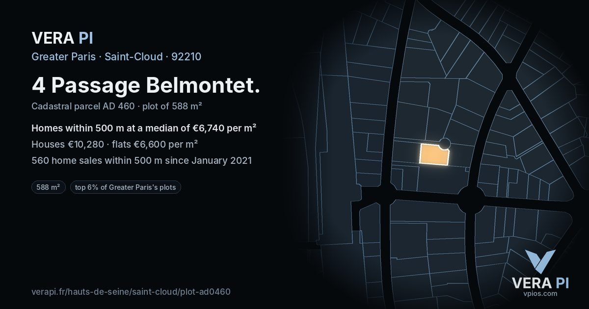 4 Passage Belmontet, Saint-Cloud at night – the plot lit, the parcels around coloured by the prices near them