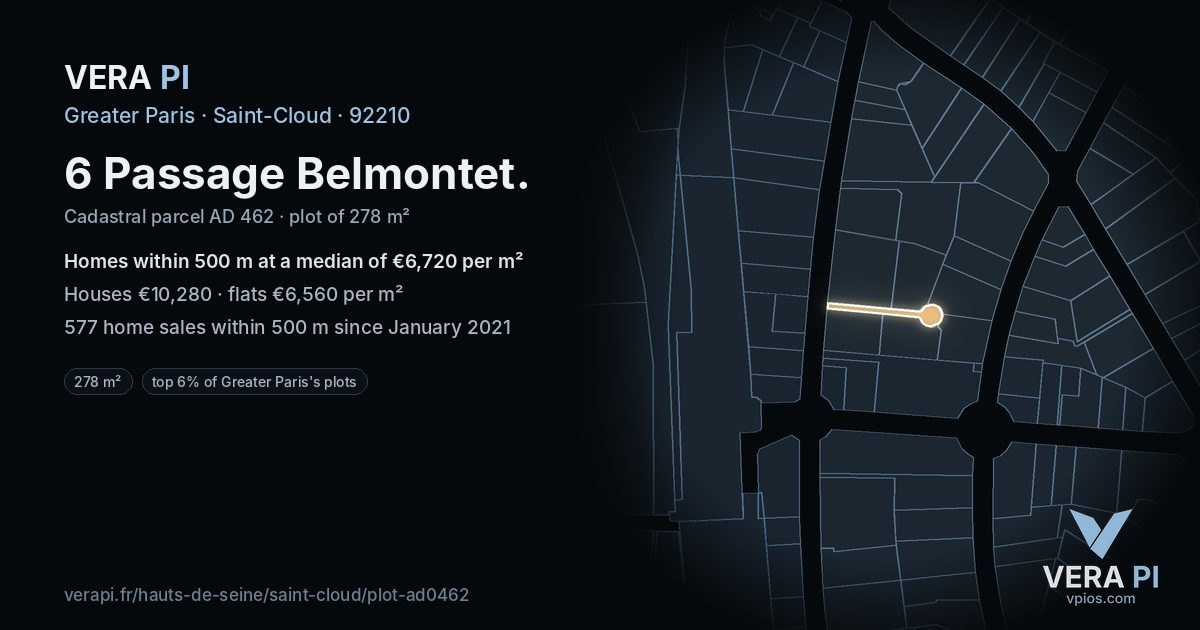 6 Passage Belmontet, Saint-Cloud at night – the plot lit, the parcels around coloured by the prices near them