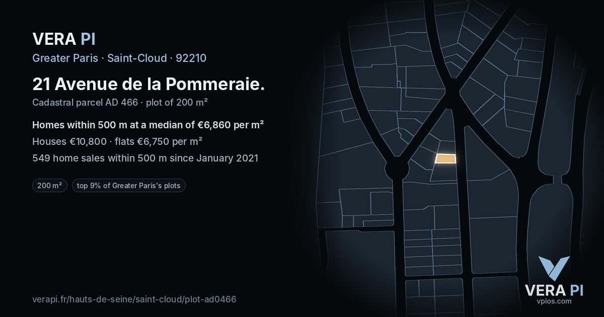 21 Avenue de la Pommeraie, Saint-Cloud at night – the plot lit, the parcels around coloured by the prices near them