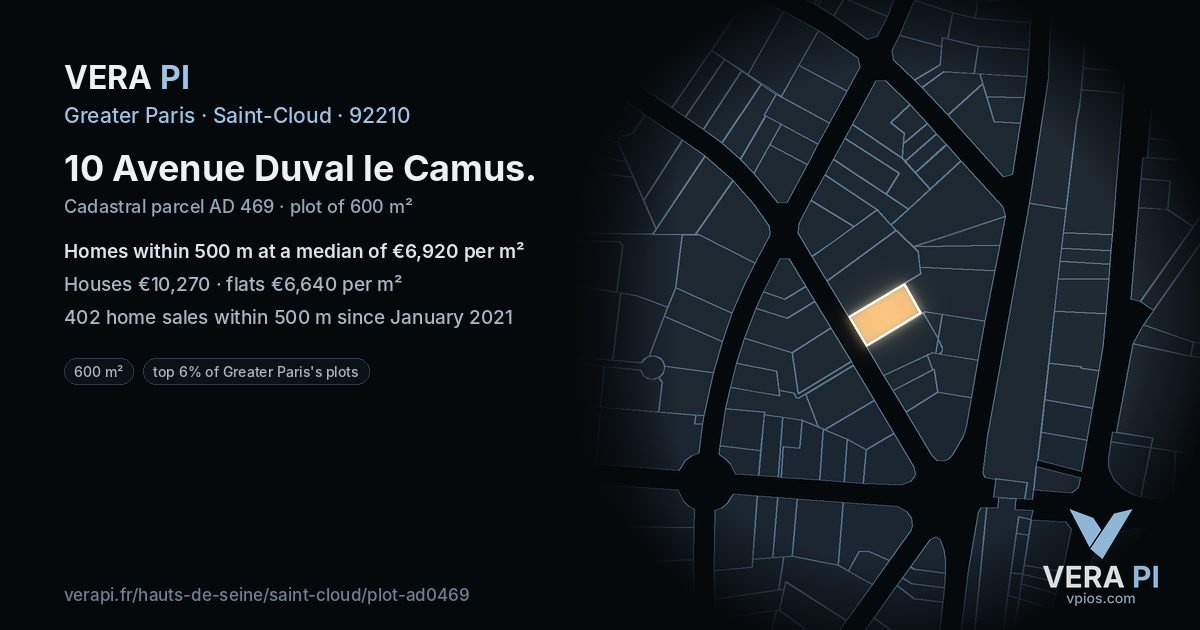 10 Avenue Duval le Camus, Saint-Cloud at night – the plot lit, the parcels around coloured by the prices near them