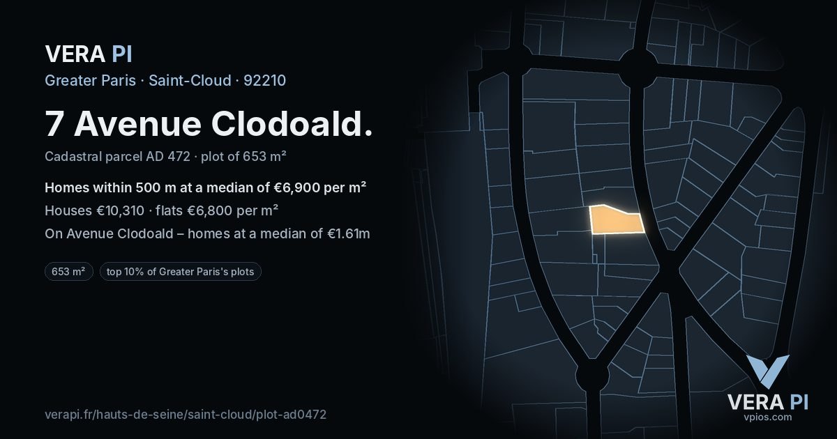 7 Avenue Clodoald, Saint-Cloud at night – the plot lit, the parcels around coloured by the prices near them