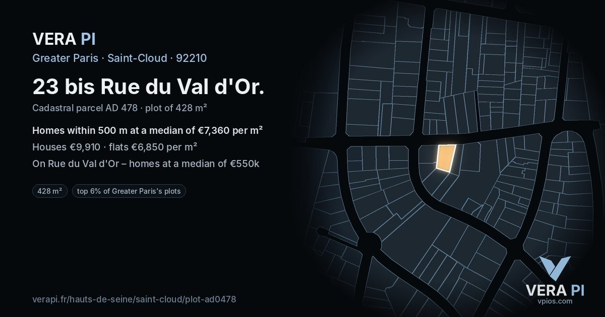 23 bis Rue du Val d'Or, Saint-Cloud at night – the plot lit, the parcels around coloured by the prices near them