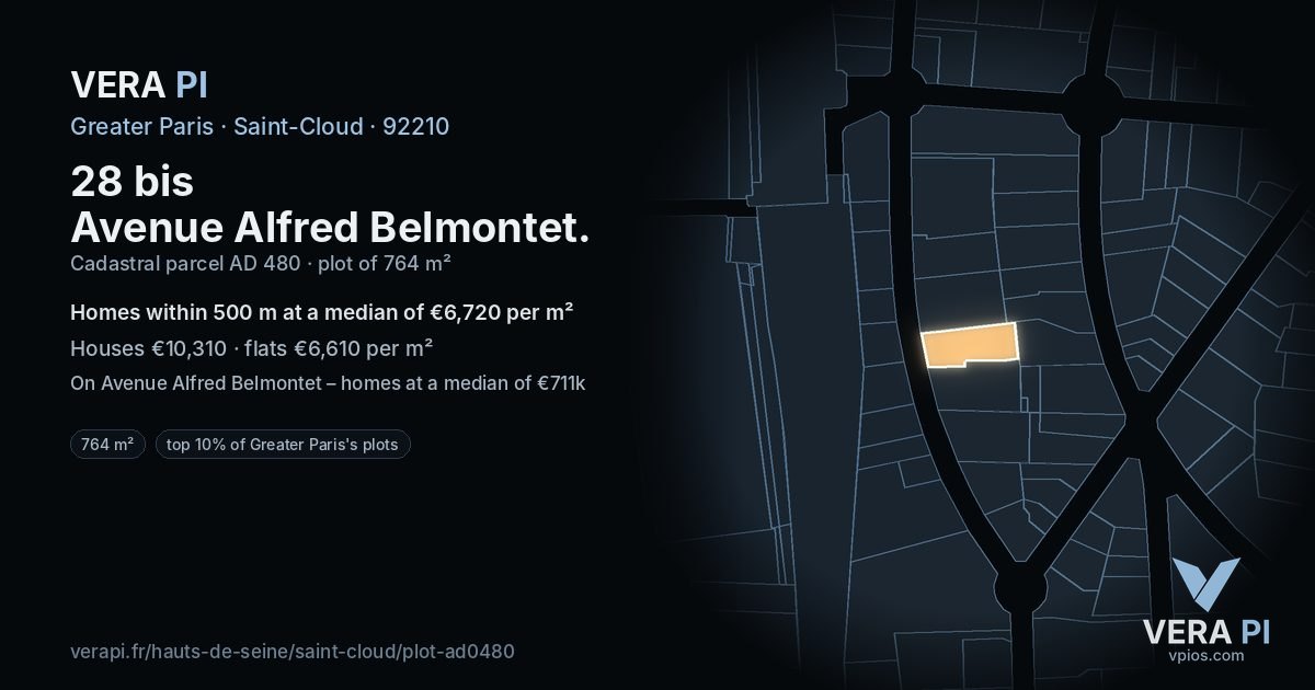 28 bis Avenue Alfred Belmontet, Saint-Cloud at night – the plot lit, the parcels around coloured by the prices near them
