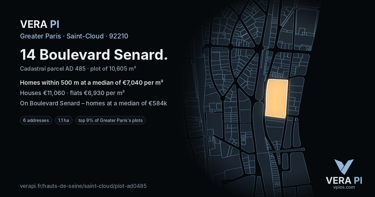 14 Boulevard Senard, Saint-Cloud at night – the plot lit, the parcels around coloured by the prices near them