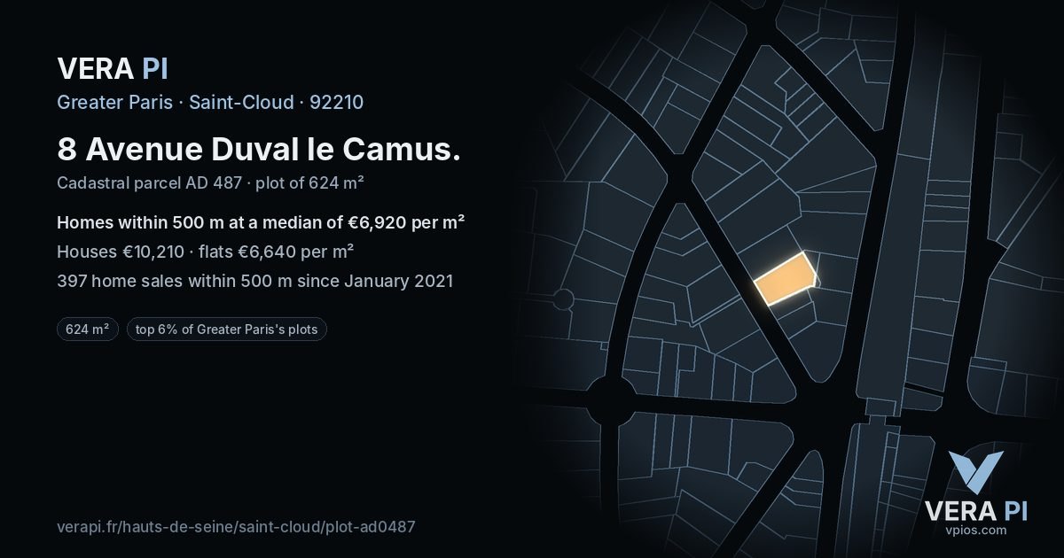 8 Avenue Duval le Camus, Saint-Cloud at night – the plot lit, the parcels around coloured by the prices near them