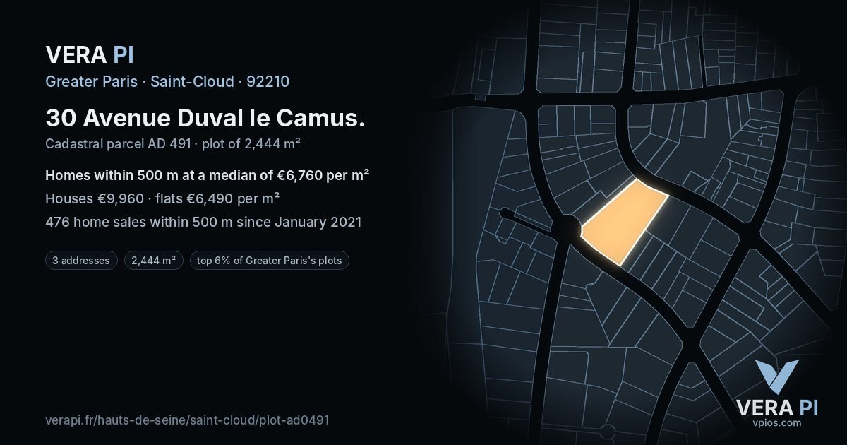 30 Avenue Duval le Camus, Saint-Cloud at night – the plot lit, the parcels around coloured by the prices near them