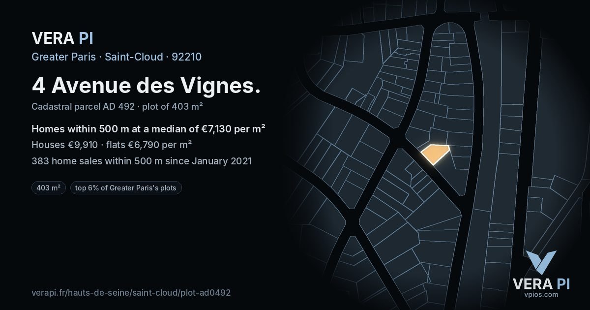4 Avenue des Vignes, Saint-Cloud at night – the plot lit, the parcels around coloured by the prices near them
