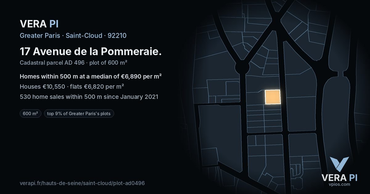 17 Avenue de la Pommeraie, Saint-Cloud at night – the plot lit, the parcels around coloured by the prices near them