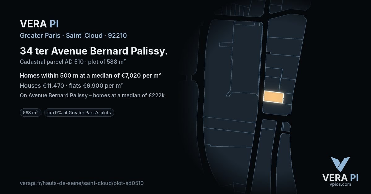 34 ter Avenue Bernard Palissy, Saint-Cloud at night – the plot lit, the parcels around coloured by the prices near them