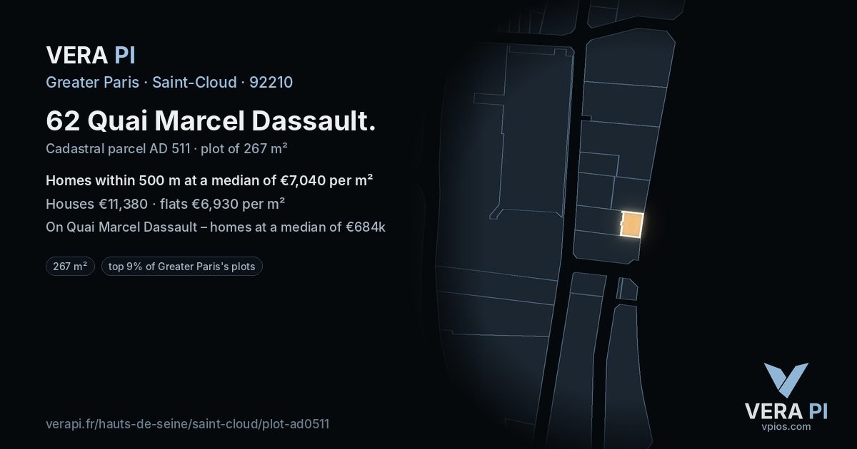 62 Quai Marcel Dassault, Saint-Cloud at night – the plot lit, the parcels around coloured by the prices near them