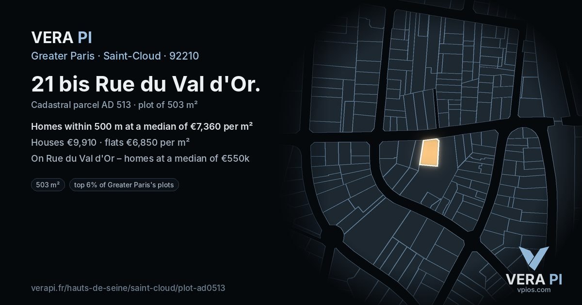 21 bis Rue du Val d'Or, Saint-Cloud at night – the plot lit, the parcels around coloured by the prices near them