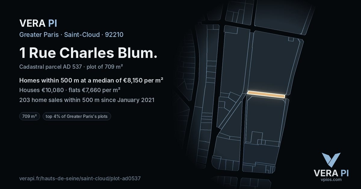 1 Rue Charles Blum, Saint-Cloud at night – the plot lit, the parcels around coloured by the prices near them