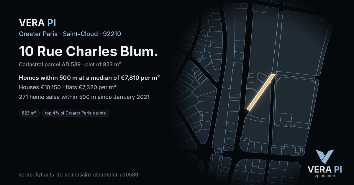 10 Rue Charles Blum, Saint-Cloud at night – the plot lit, the parcels around coloured by the prices near them