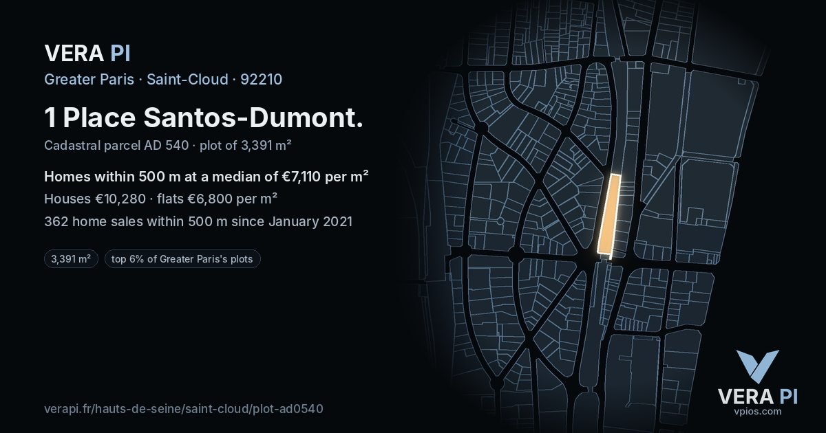 1 Place Santos-Dumont, Saint-Cloud at night – the plot lit, the parcels around coloured by the prices near them