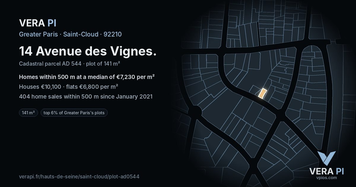 14 Avenue des Vignes, Saint-Cloud at night – the plot lit, the parcels around coloured by the prices near them
