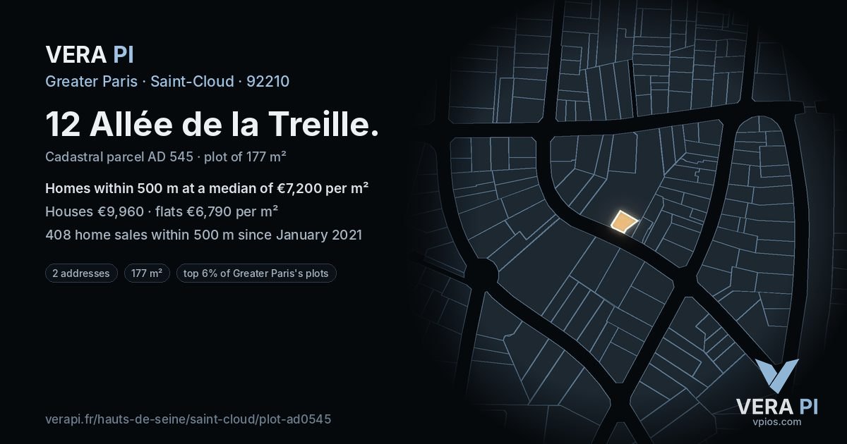 12 Allée de la Treille, Saint-Cloud at night – the plot lit, the parcels around coloured by the prices near them