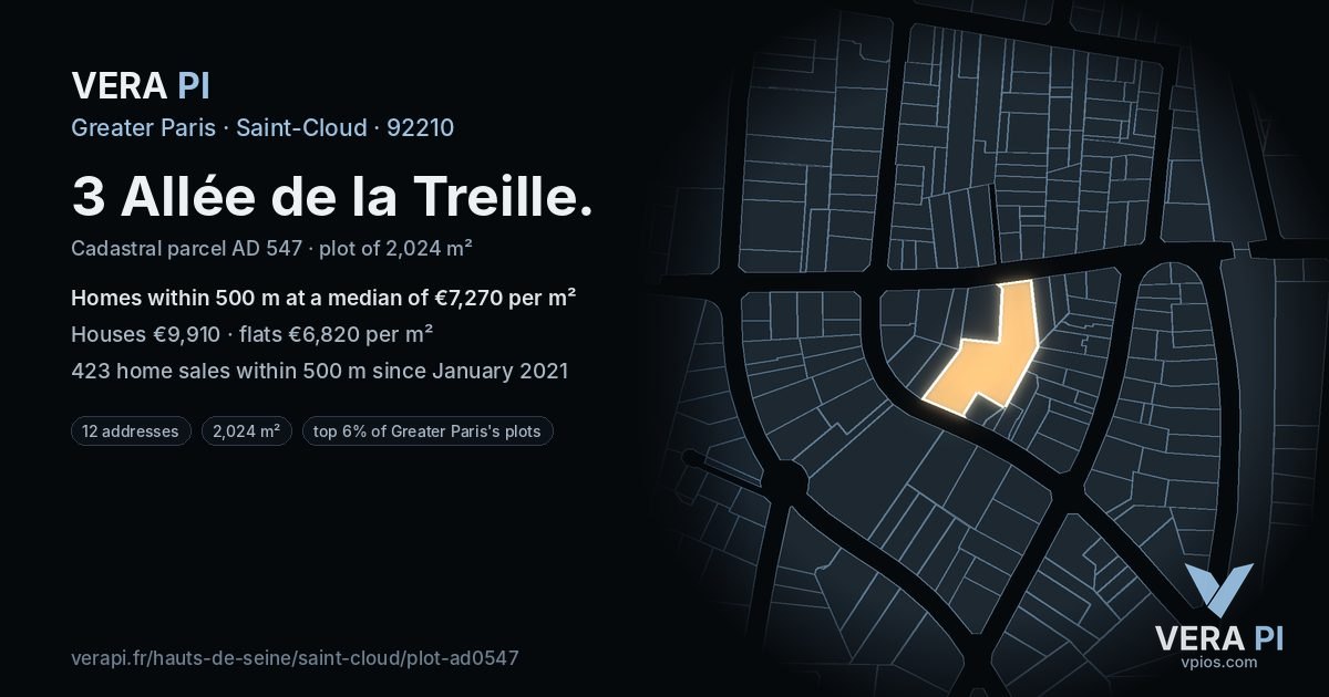 3 Allée de la Treille, Saint-Cloud at night – the plot lit, the parcels around coloured by the prices near them