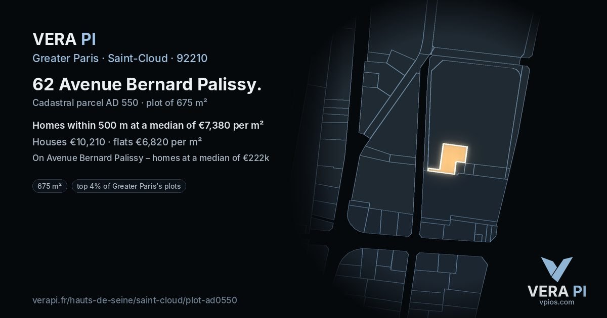 62 Avenue Bernard Palissy, Saint-Cloud at night – the plot lit, the parcels around coloured by the prices near them