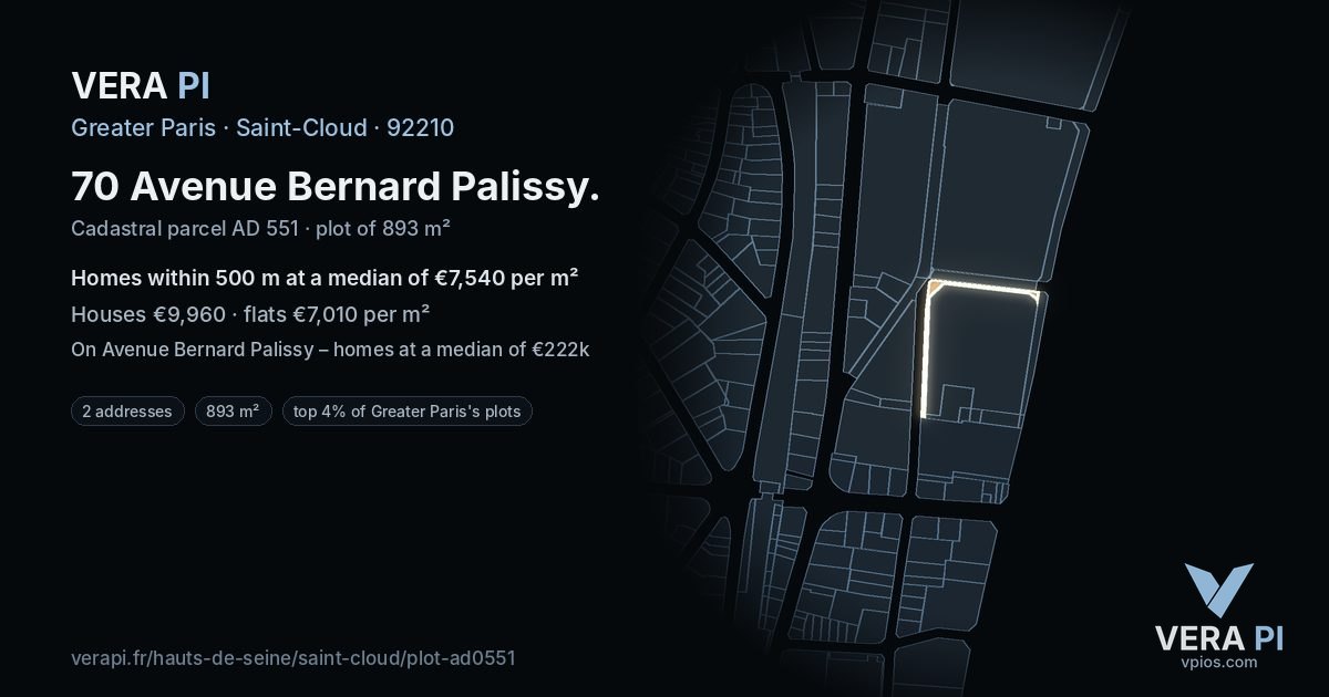 70 Avenue Bernard Palissy, Saint-Cloud at night – the plot lit, the parcels around coloured by the prices near them